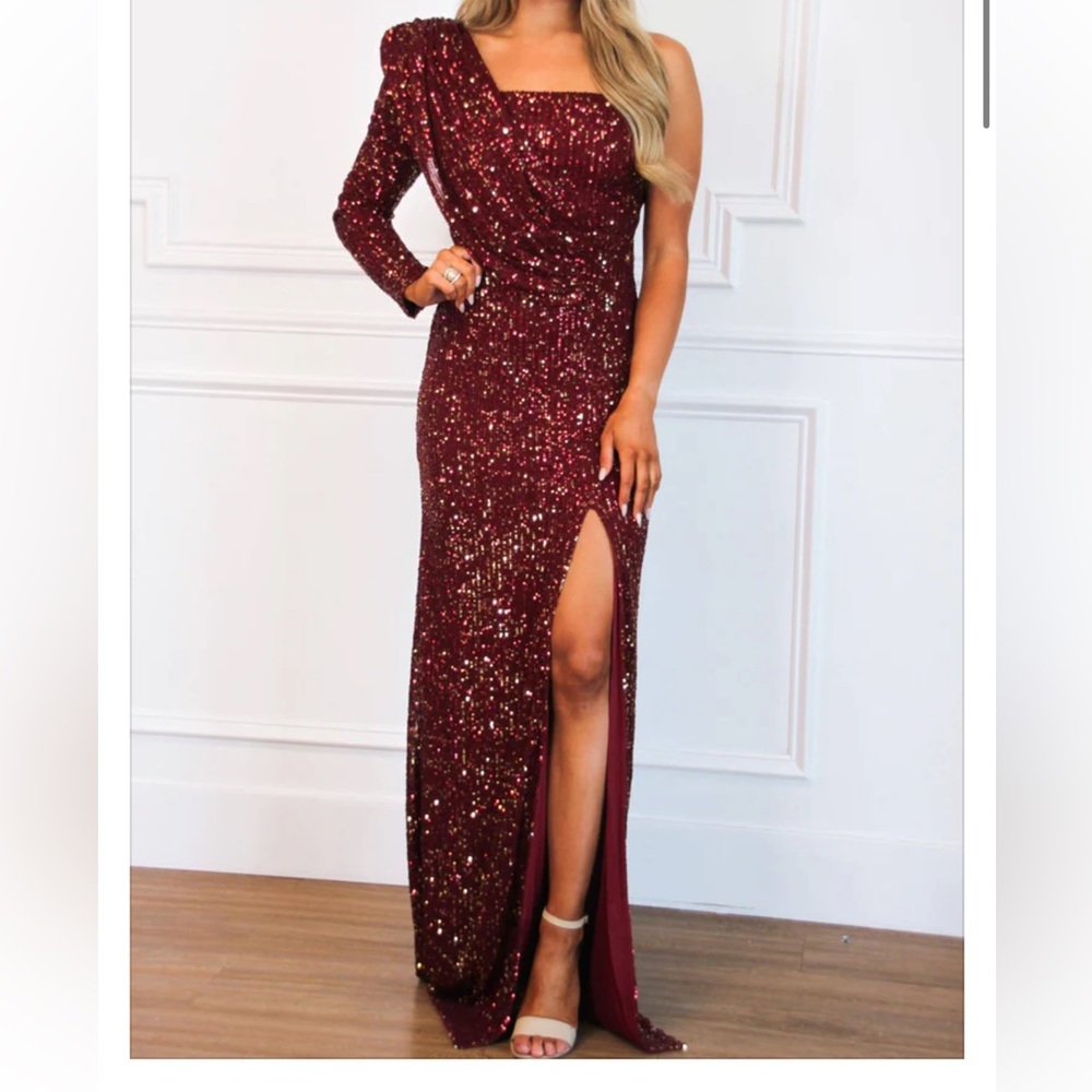 One Shoulder Burgundy & Gold Maxi Dress